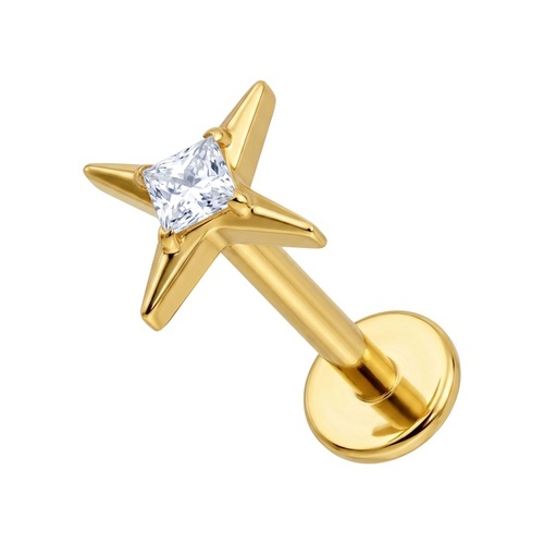 Gold Titanium - Cubic Zirconia Four Pointed Star - Threadless 18G - 7mm Flatback Stud