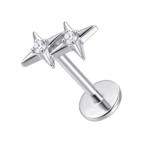 Titanium - Cubic Zirconia Diamond Dual Star  - Threadless 18G - 7mm Flatback Stud