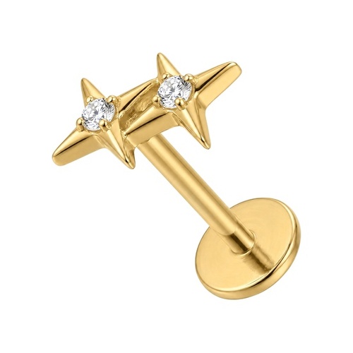 Gold Titanium - Cubic Zirconia Diamond Dual Star - Threadless 18G - 7mm Flatback Stud