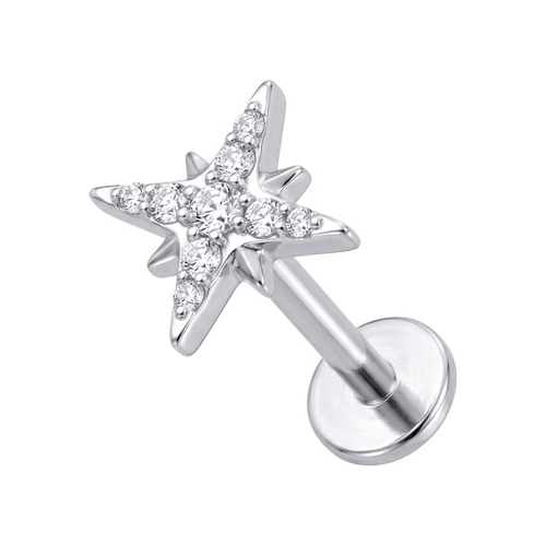 Titanium - Cubic Zirconia Eight Pointed Star - Threadless 18G - 7mm Flatback Stud