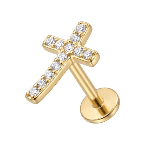 Gold Titanium - Cubic Zirconia Curved Cross - Threadless 18G - 7mm Flatback Stud