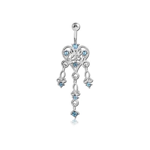 Surgical Steel Belly Bar - Heart and Hanging Gems