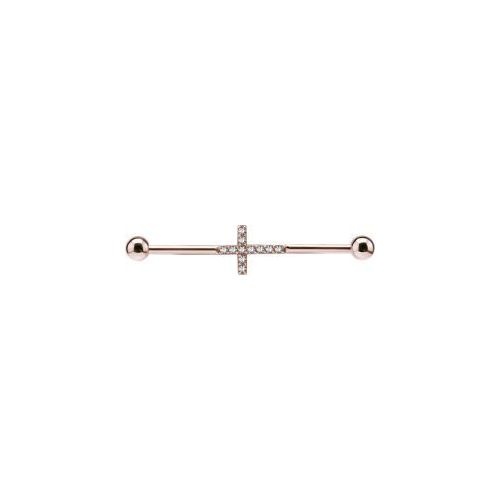 Rose Gold Steel Industrial Barbell - Cubic Zirconia Cross