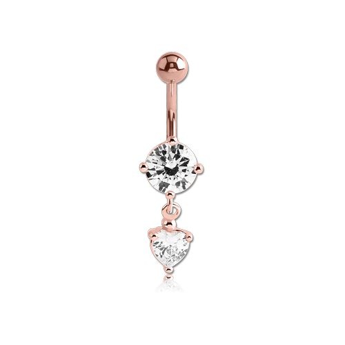 Rose Gold Steel Belly Ring - Heart Shaped and Round Cubic Zirconia 14 Gauge - 10mm