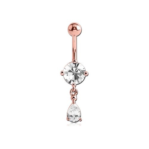 Rose Gold Steel Belly Bar - Pear and Round Cubic Zirconia 14 Gauge - 10mm
