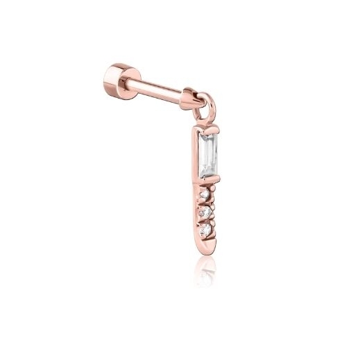 Rose Gold Steel Flat Back Labret Baguette 3 Stone Prong Set Bar Jewellery Charm - Cubic Zirconia