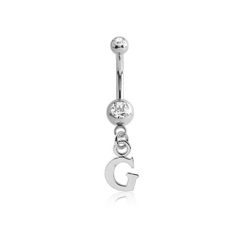 Surgical Steel Mini Belly Banana Bar - Crystal and 'G' Charm 14 Gauge - 10mm