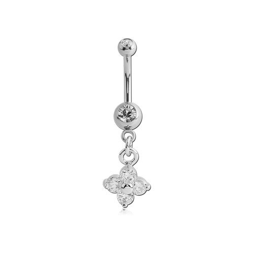 Surgical Steel Mini Belly Ring - Crystal and 4 Petal Flower Charm 14 Gauge - 10mm